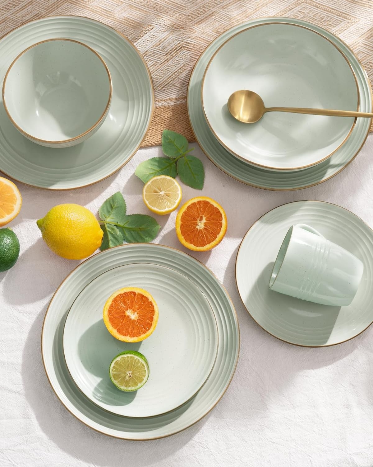 12pc Stoneware Dinner Set Light Green Gold Rim Plates Bowls Dishwasher Safe