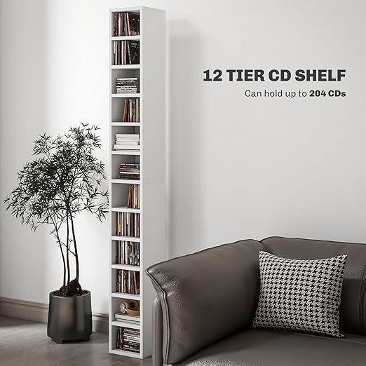 Tall CD DVD Storage Tower Unit 12 Cube Bookcase 175cm Slim Display Shelf White