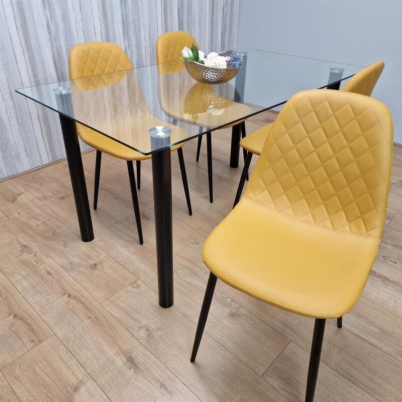 Glass Dining Table Set with 4 Mustard Faux Leather Chairs for Kitchen