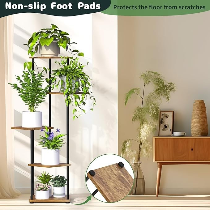 5 Tier Tall Metal & Wood Plant Stand Indoor Outdoor Multi-Shelf Flower Rack