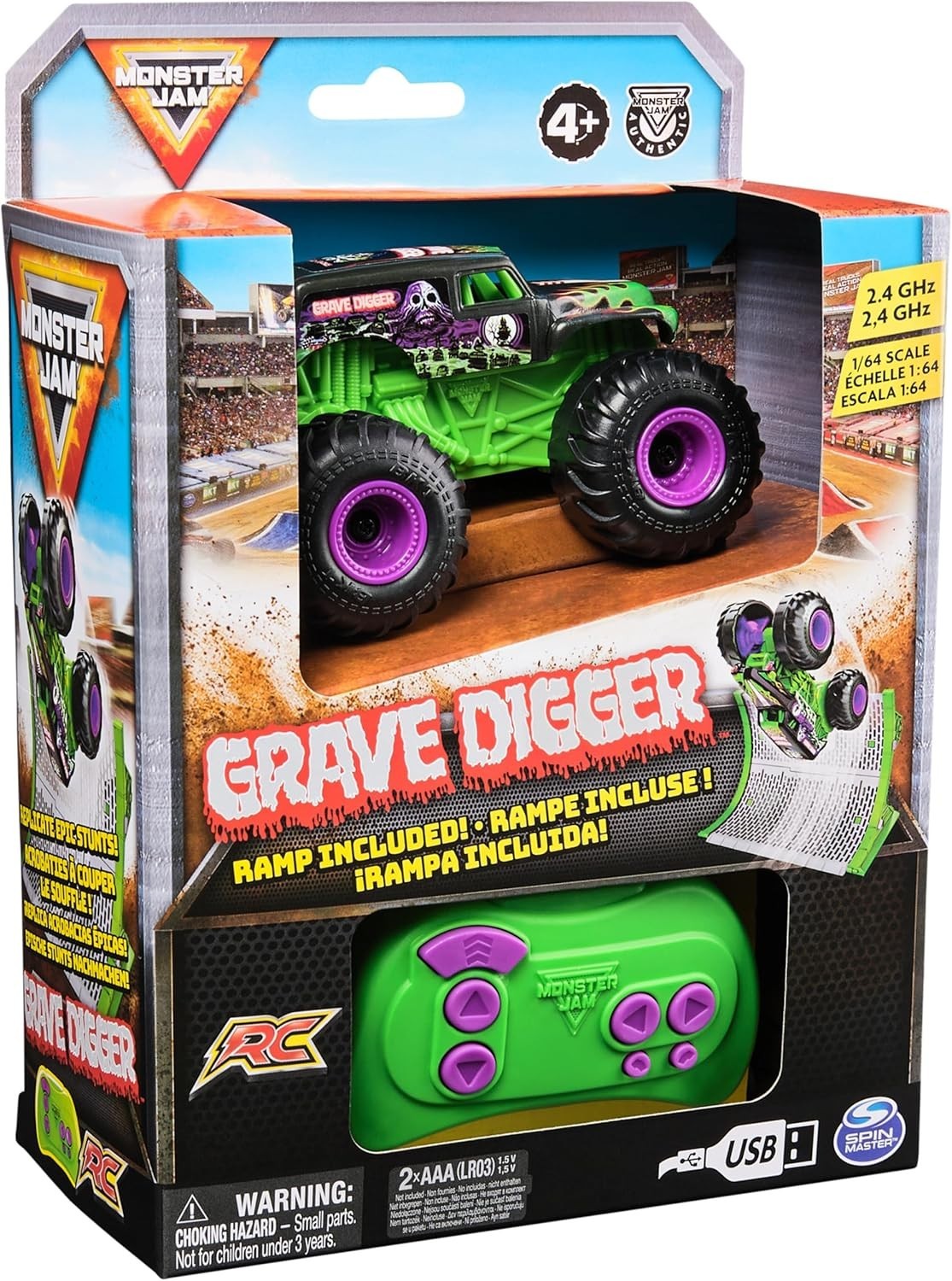 Grave Digger RC Monster Truck 1:64 Scale 2.4GHz Ramp Kids Toy Rechargeable