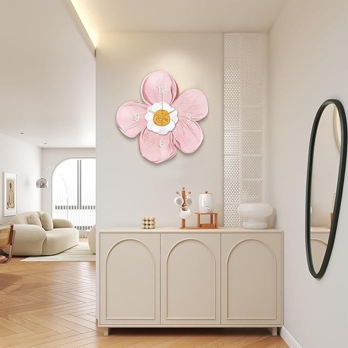 Pink Flower Wall Clock 35cm Art Deco Porcelain Silent Modern Bedroom Decor