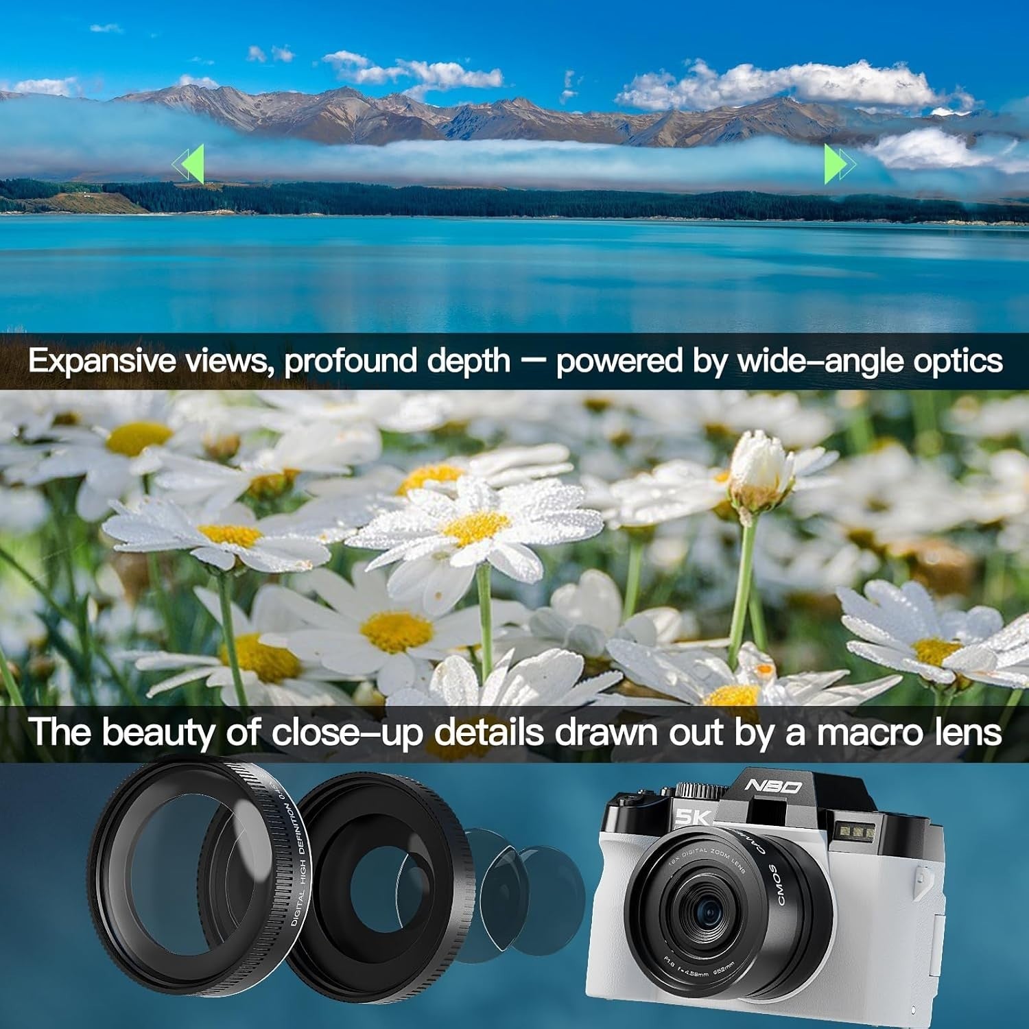 5K 64MP Digital Camera WiFi Flip Screen Vlogging Camera 64GB White