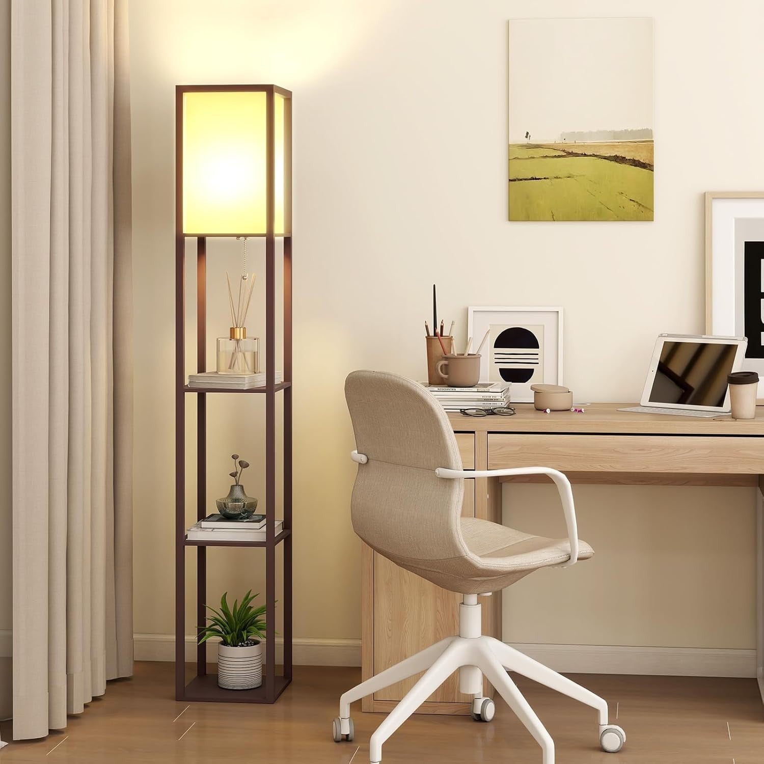 Floor Lamp with Shelves LED Bulb Included Wooden Storage Standing Light