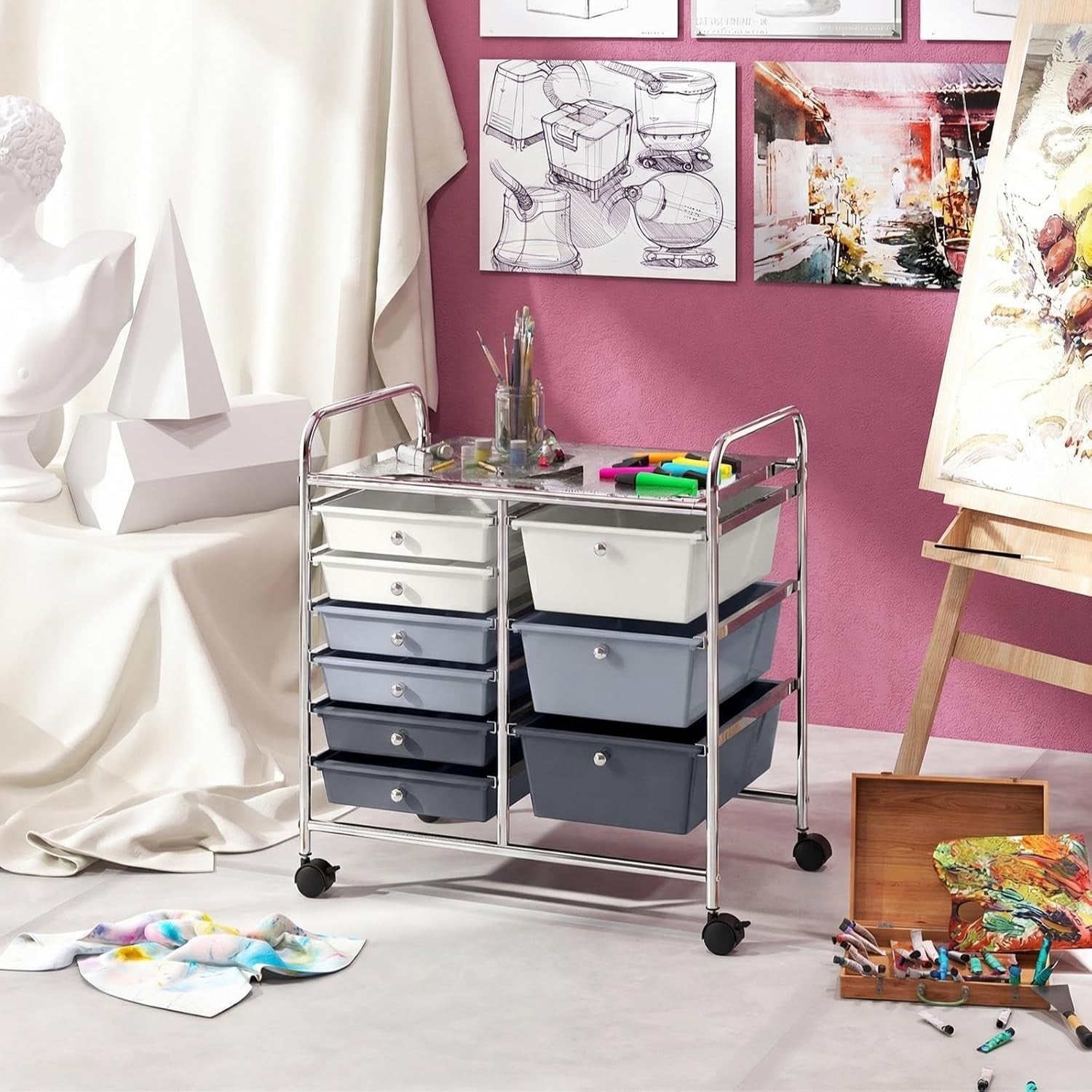 Gradient Grey 9 Drawer Rolling Utility Cart Home Office Organizer