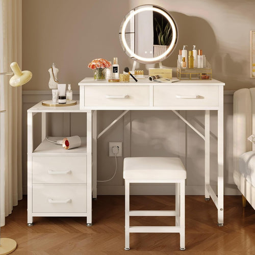 Vanity Makeup Dressing Table Set with LED Mirror Stool Storage White Modern
