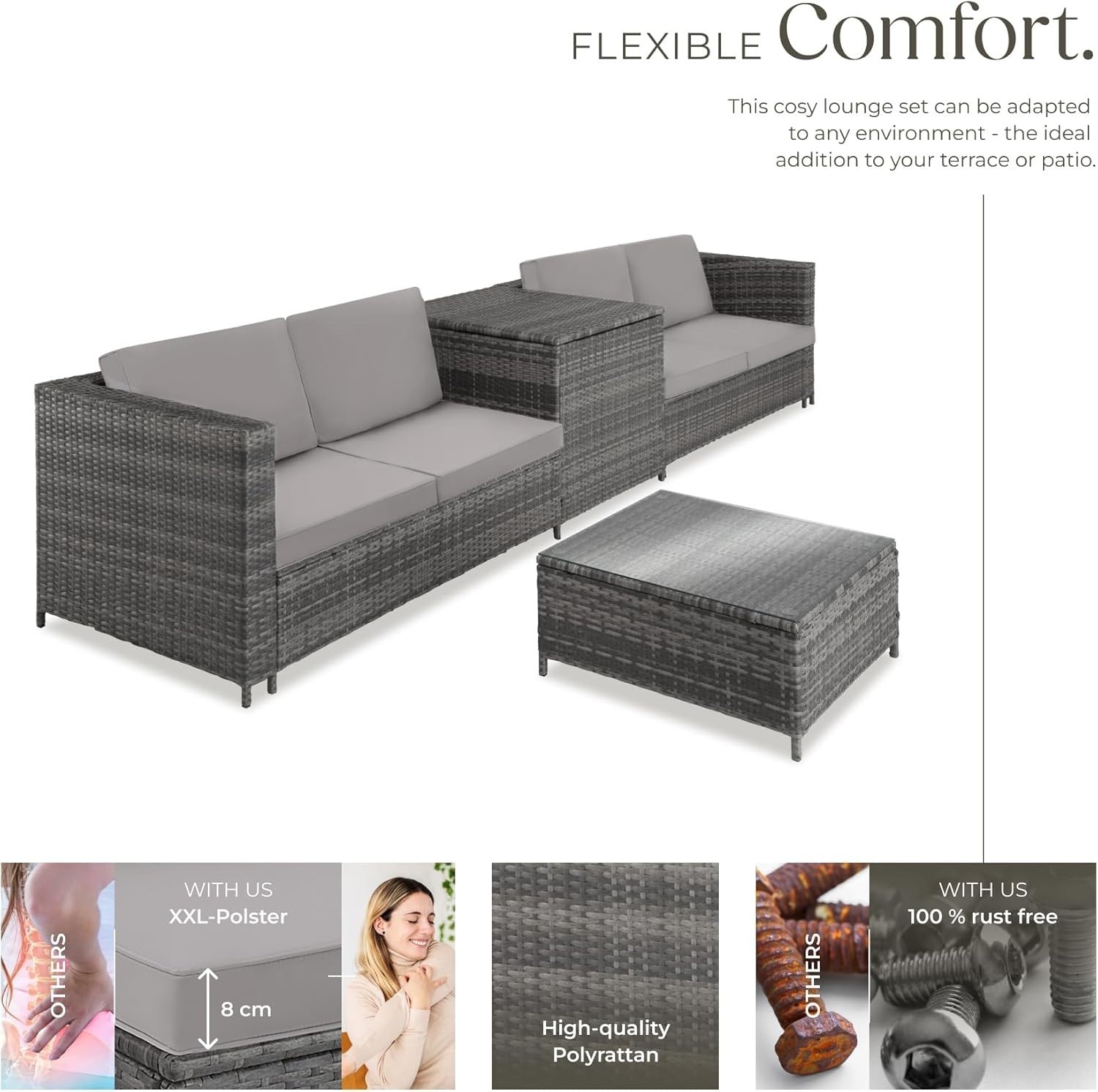 Grey Rattan Garden Sofa Set with Thick Cushions & Storage Box - Patio Outdoor