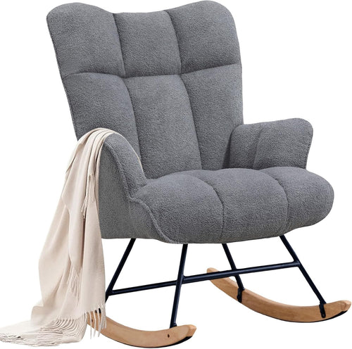 Rocking Chair Nursery Glider Comfy Armchair High Back Padded Seat Grey