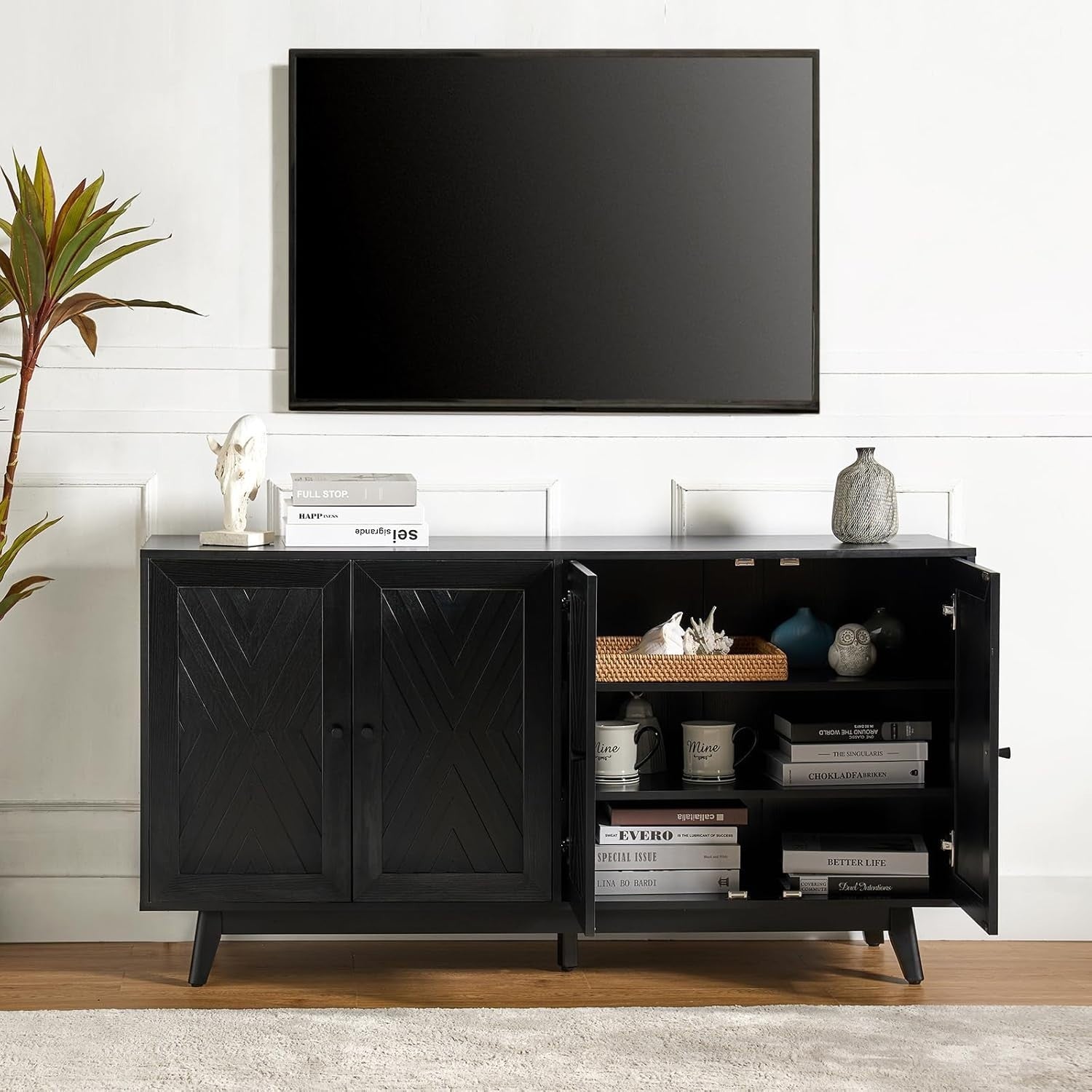 Black Chevron Sideboard Cabinet Solid Wood Legs Adjustable Shelves Storage