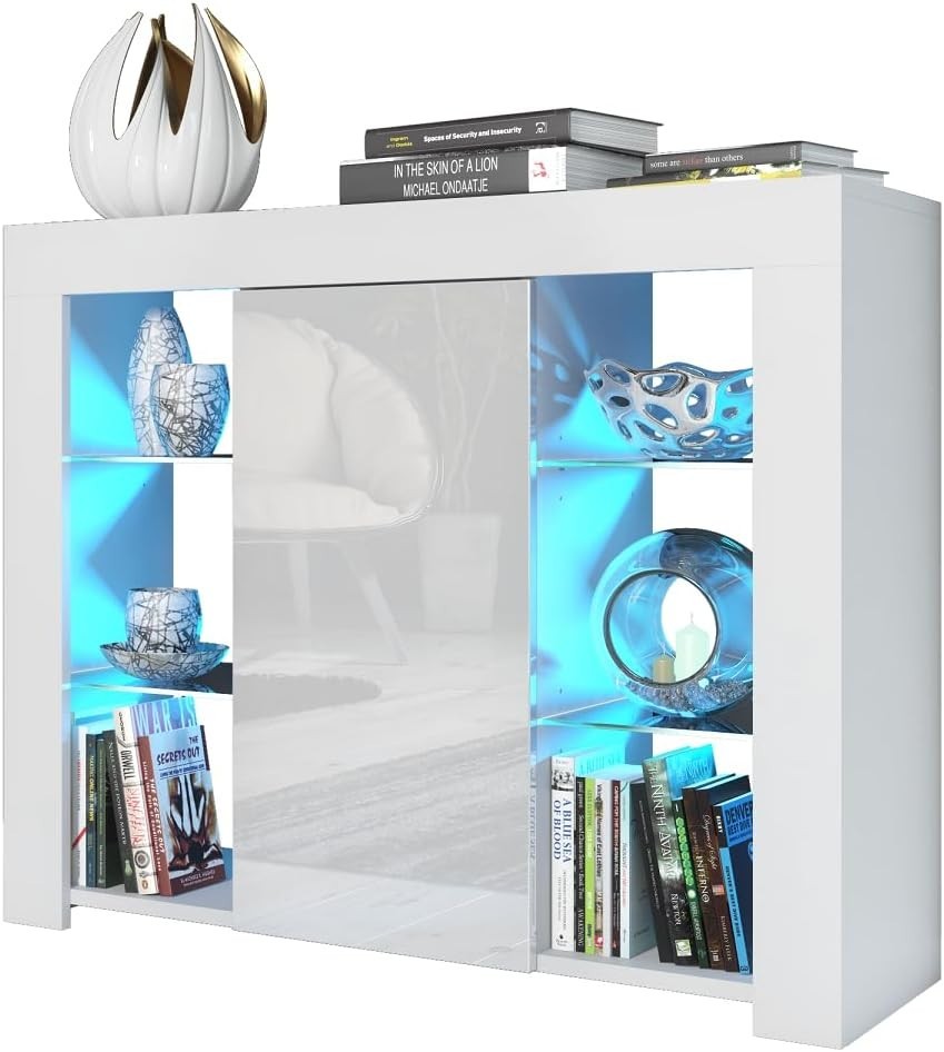 LED Sideboard Cabinet Gloss White Display Unit Glass Shelves Modern 97cm