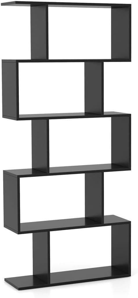 Modern S-Shaped 5/6 Tier Bookcase Elegant Display Shelf Storage Unit Black