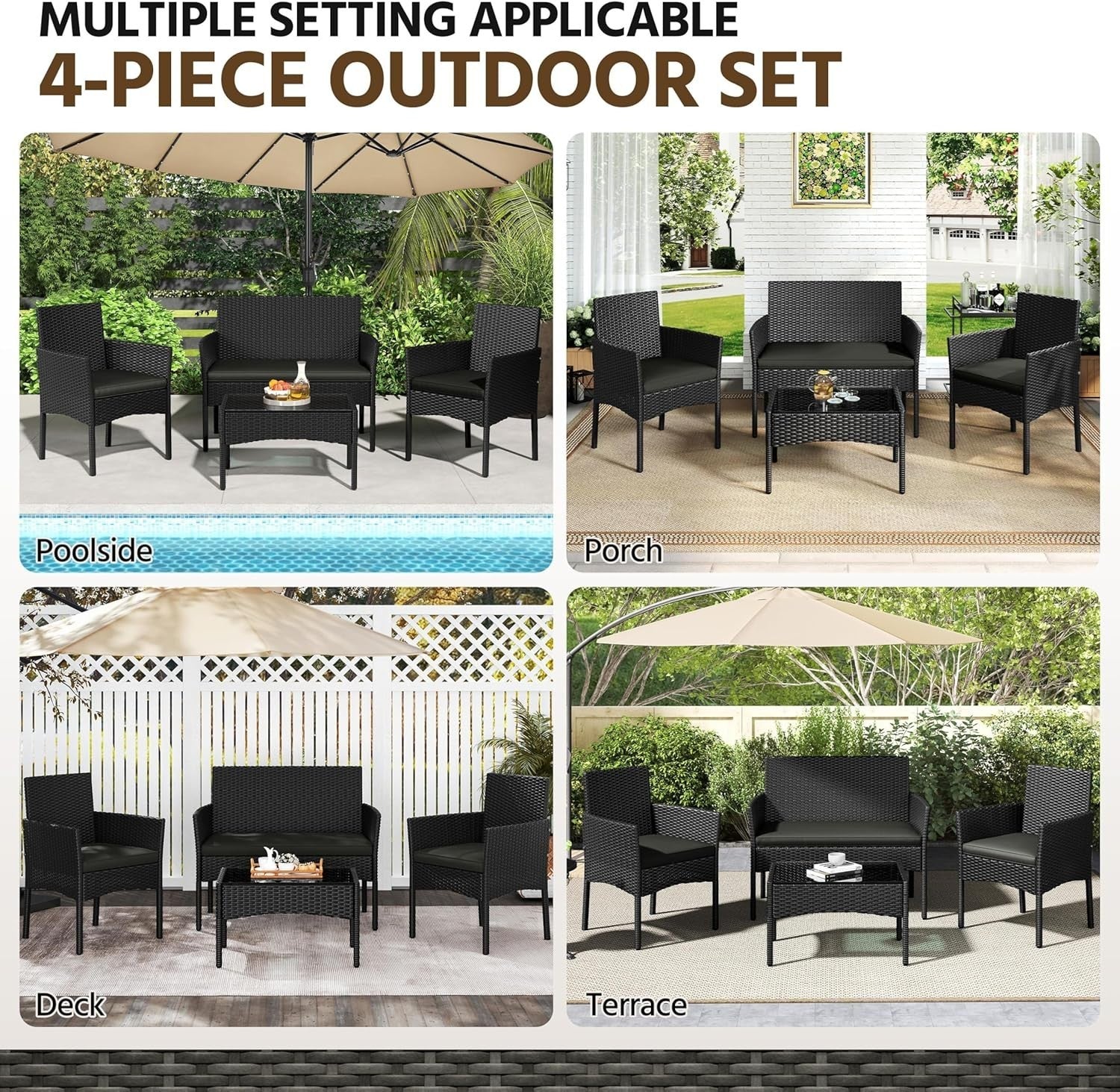 4-Piece Outdoor Patio Rattan Sofa Set with Glass Table, Cushioned Garden Lounge
