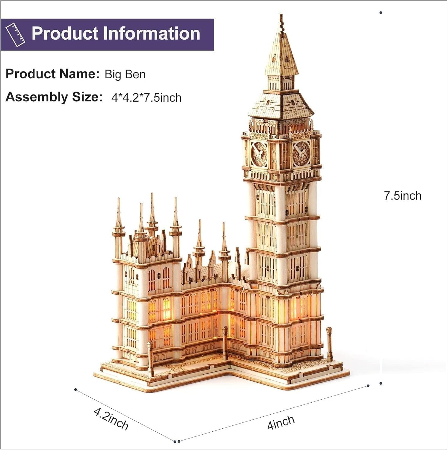 3D Wooden Big Ben Puzzle Kit Adults DIY Model Light-Up Tower Gift Set
