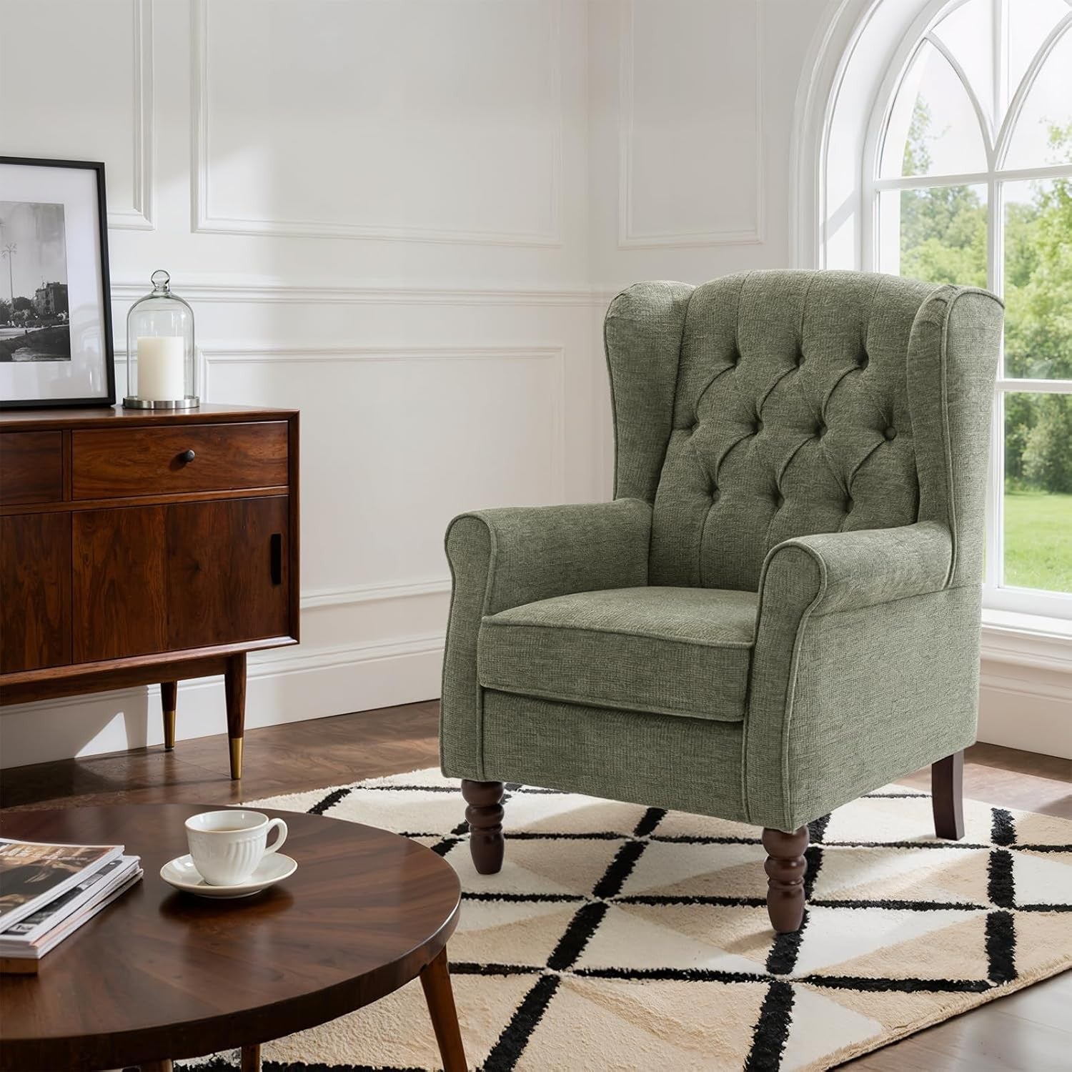 Green Wingback Accent Armchair Button Tufted Fabric Lounge Chair