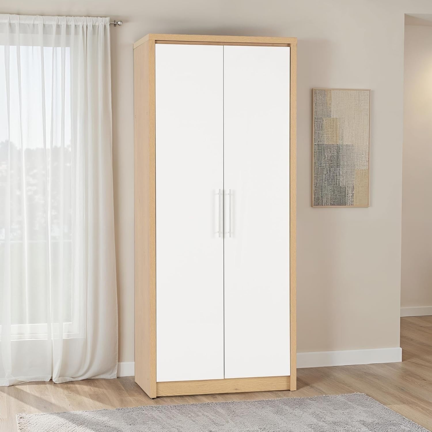 White Gloss & Light Oak 2 Door Wardrobe with Sliding Doors & Spacious Storage