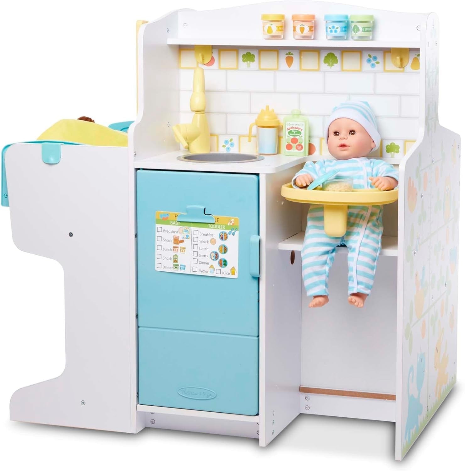 Wooden Doll Baby Care Activity Centre Nursery Kitchen Pretend Play Set