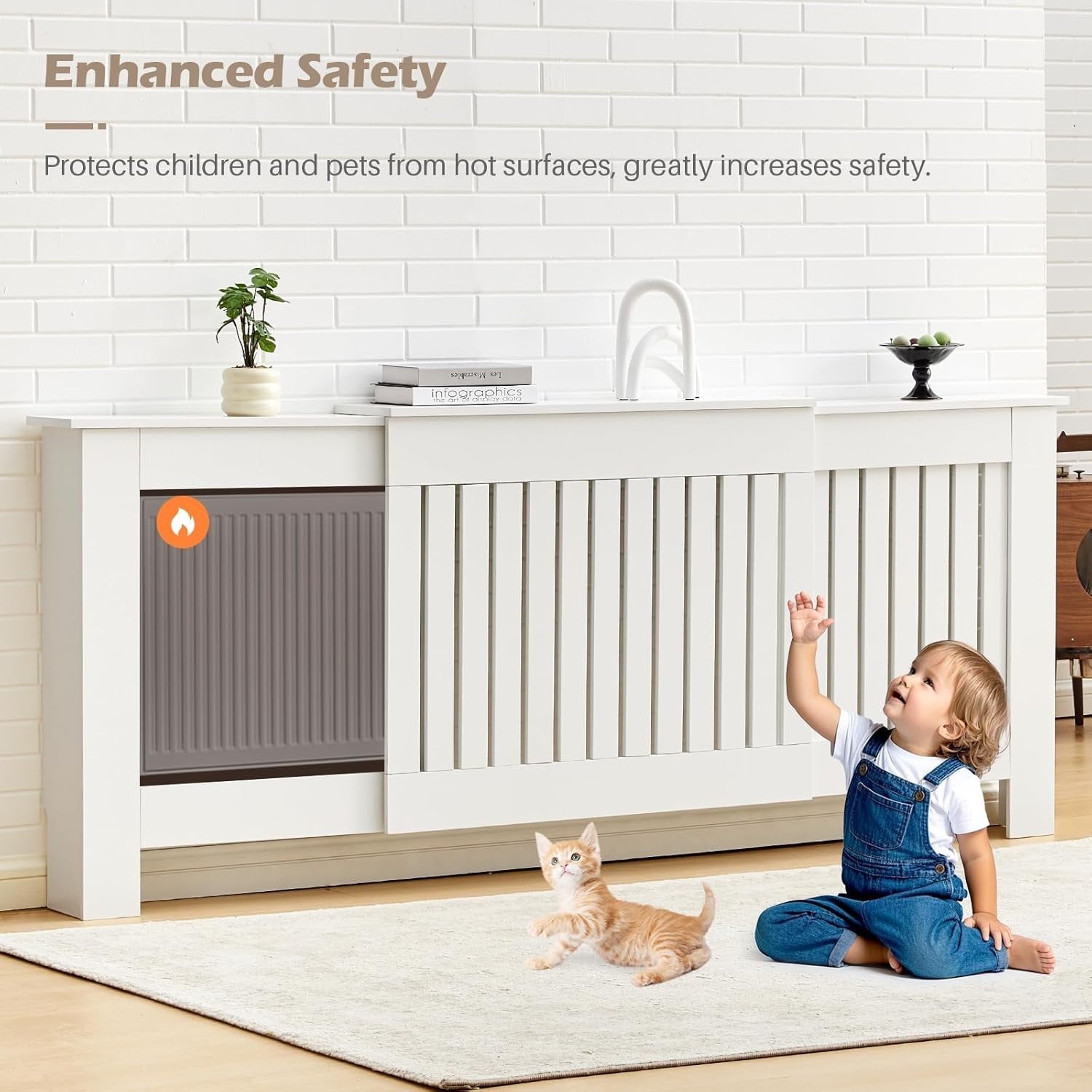 Adjustable White Radiator Cover Extendable Vertical Slat Cabinet