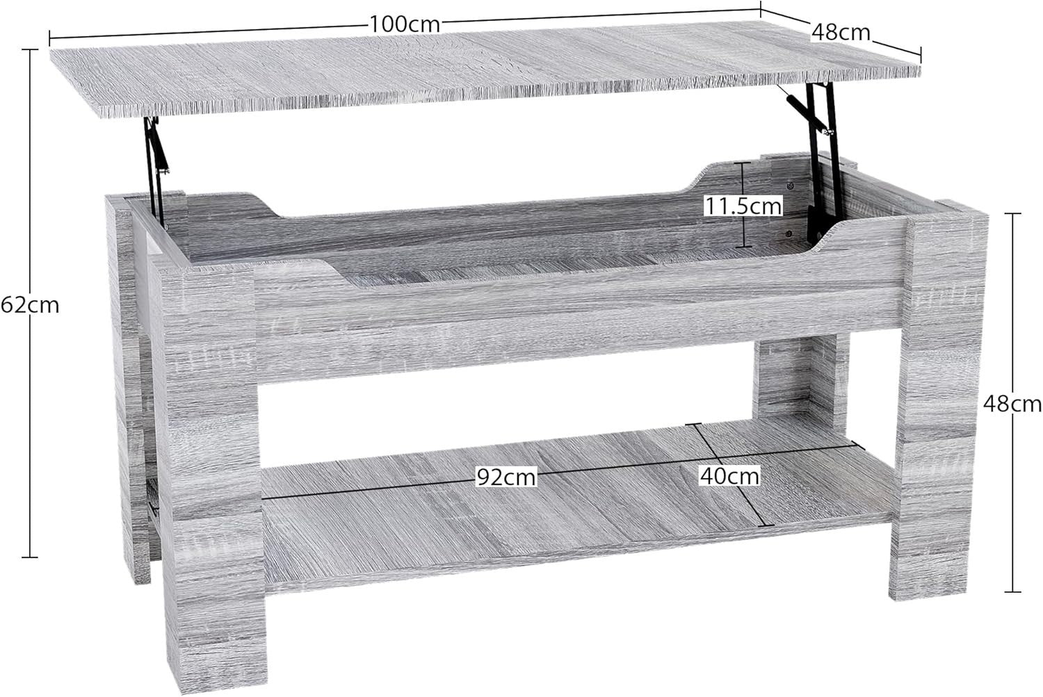 Lift Top Coffee Table with Hidden Storage & Shelf – Grey Wood – 100x48cm