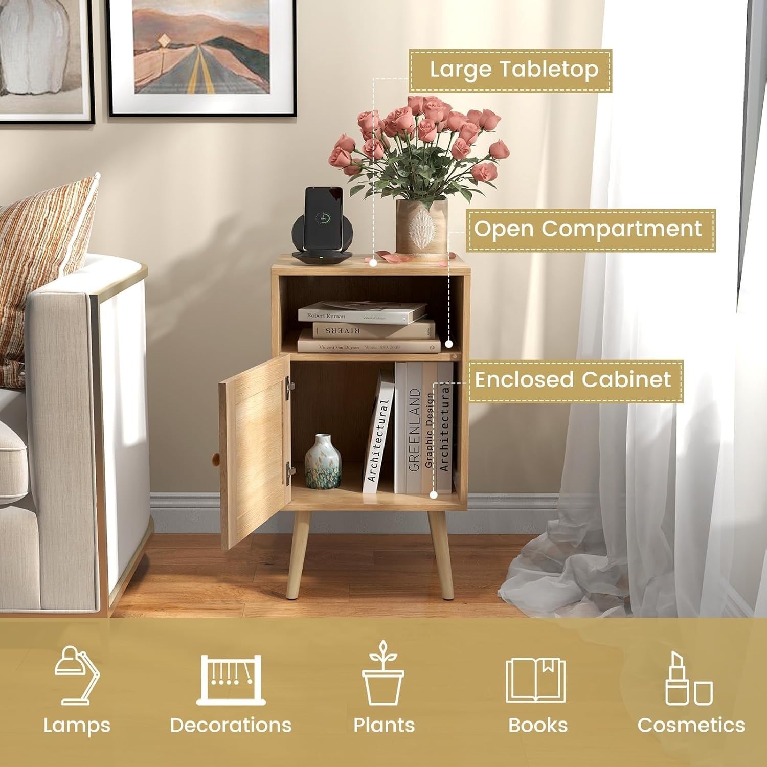 Set of 2 Natural Wood Bedside Tables with Rattan Door & Shelf
