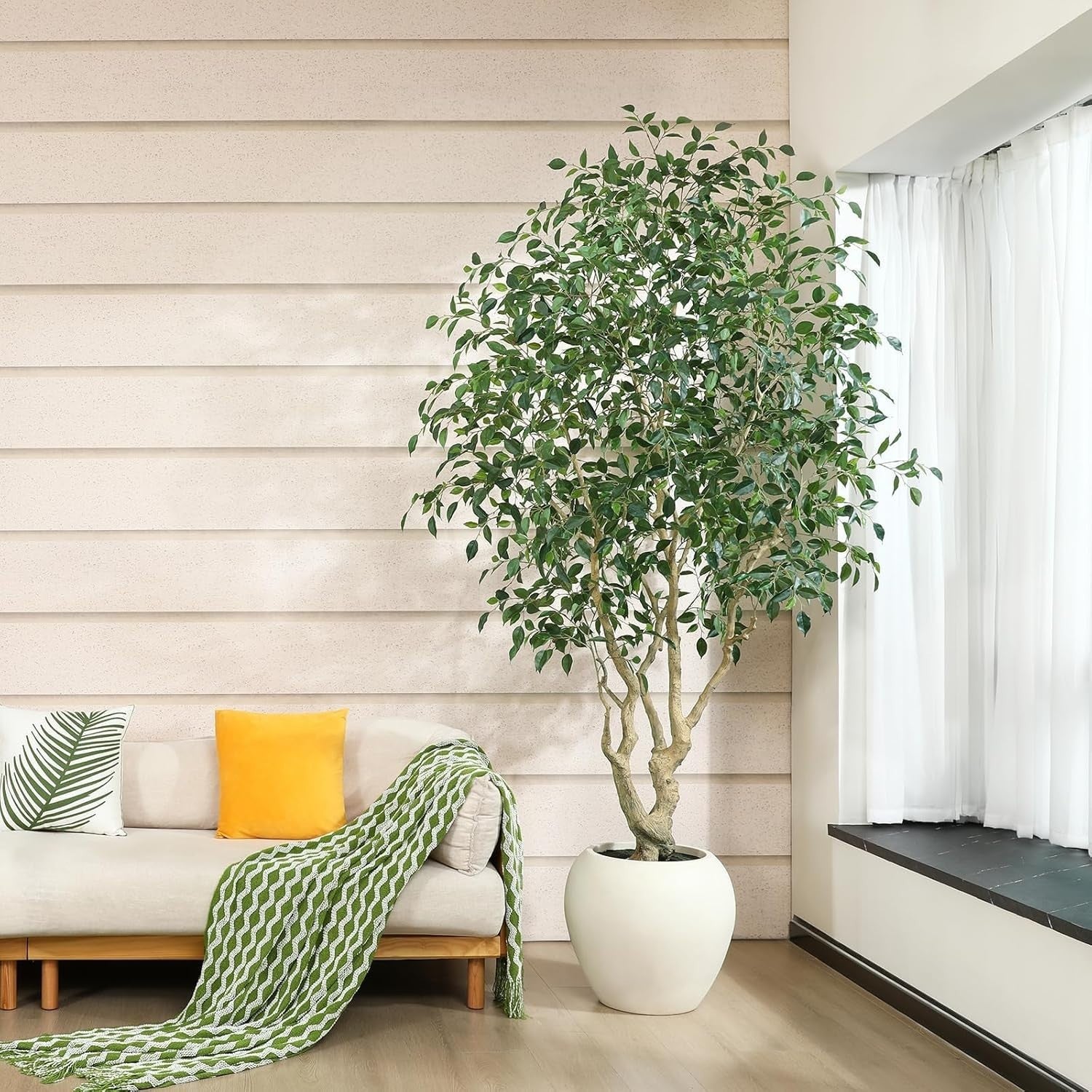 8ft Faux Ficus Tree in Artisan Ceramic Pot Premium Lifelike Indoor Decoration