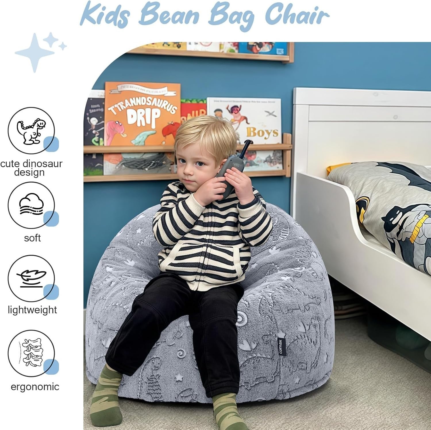 Kids Bean Bag Chair, Glow in the Dark Dinosaur Sofa, Portable, Machine Washable