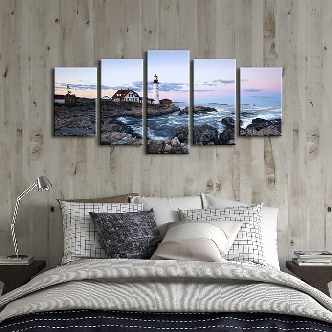 Wieco Art Island 5-Piece Modern Stretched Canvas Seascape Lighthouse Wall Art