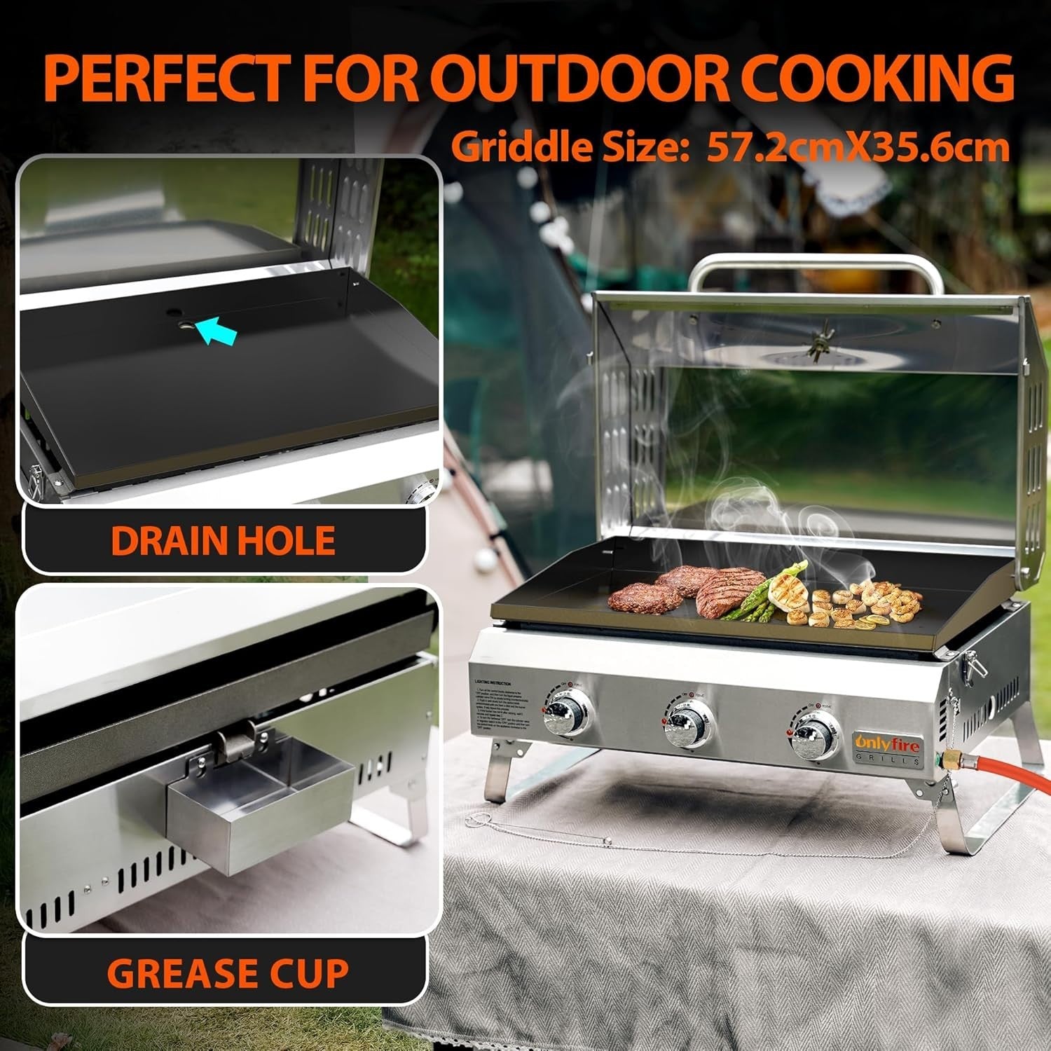 Portable 3 Burner Gas BBQ Plancha Grill with Lid & Thermometer