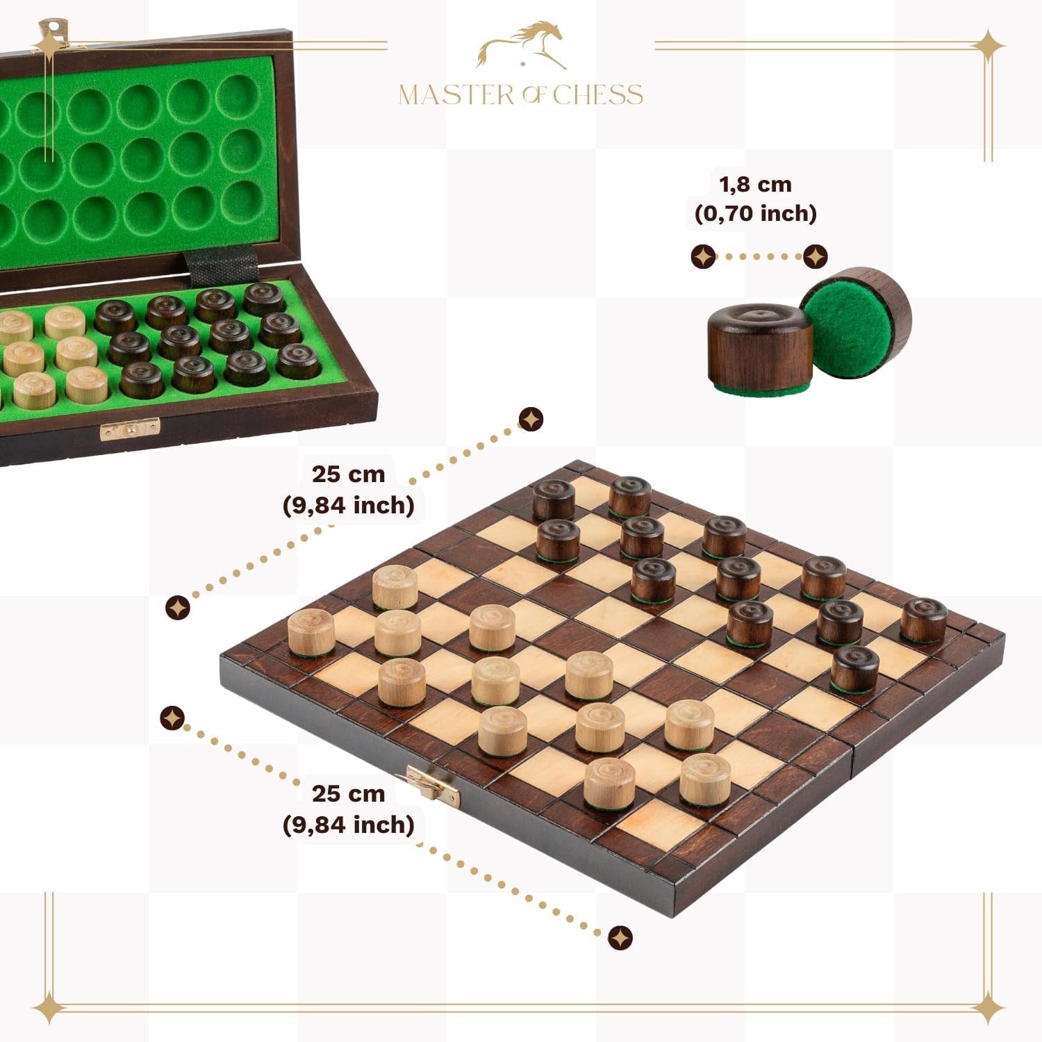 25cm Wooden Checkers Set | Folding 64-Square Travel Draughts Board | Compact Gam
