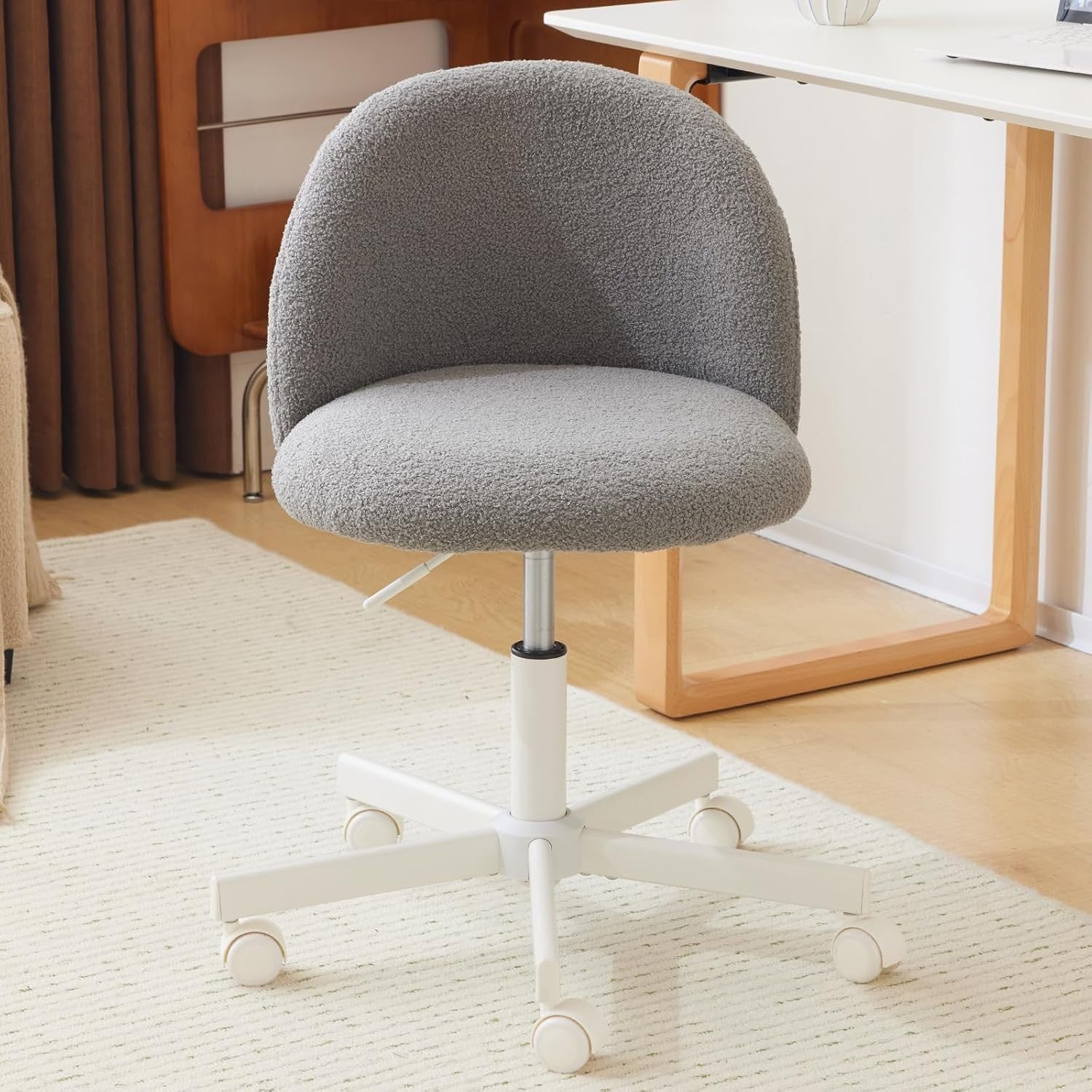 Grey Swivel Desk Chair Small Teddy Fleece Adjustable Height Modern Vanity Seat