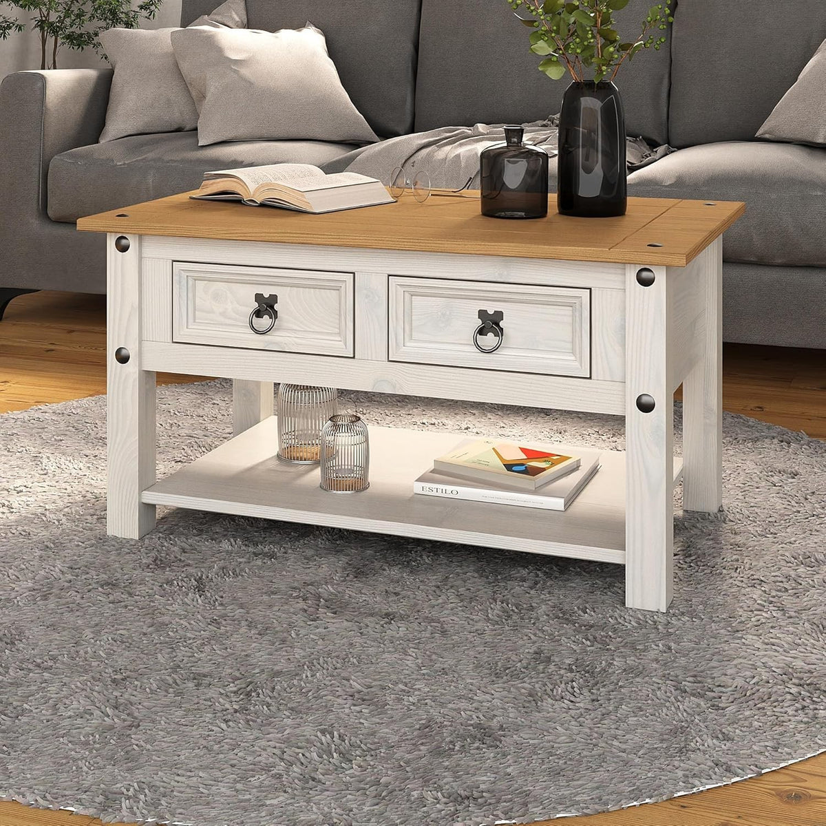 Solid Pine White Coffee Table with 2 Drawers Mexican Style 85x50x45cm