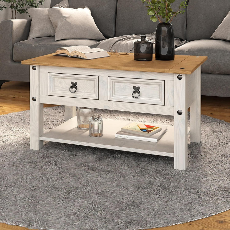Solid Pine White Coffee Table with 2 Drawers Mexican Style 85x50x45cm