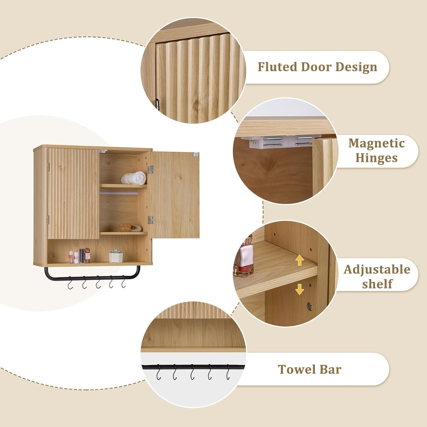 Deep Wall Mounted Kitchen & Bathroom Cabinet with Adjustable Shelves & Hooks