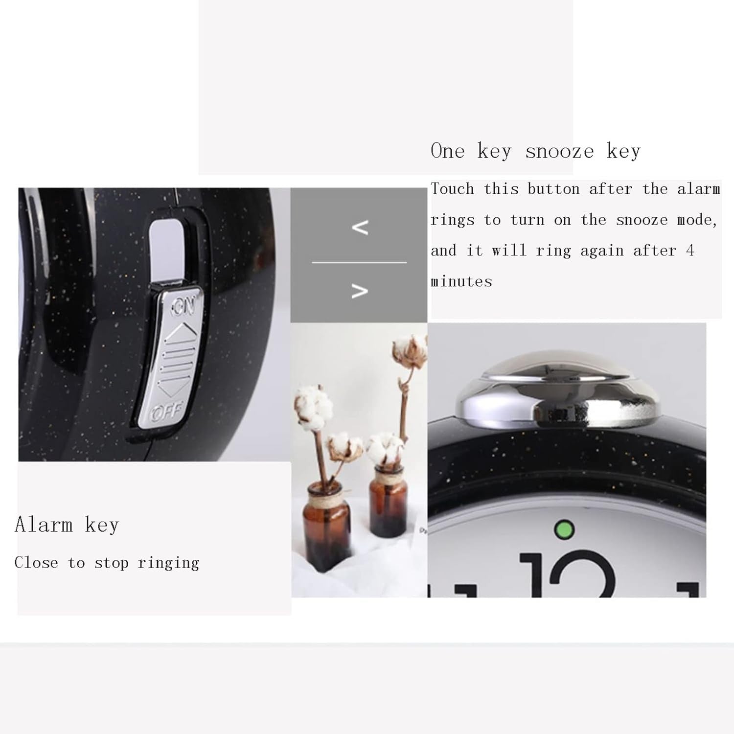 Silent Analog Alarm Clock Night Light Snooze Round Bedside for Heavy Sleepers