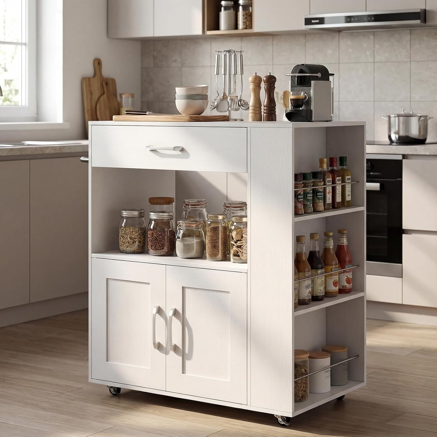 White Kitchen Island Trolley Cabinet with Spice Rack