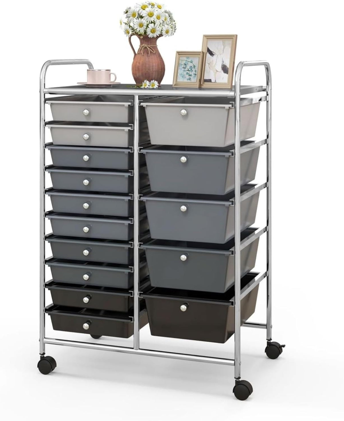 15 Drawer Rolling Storage Trolley Utility Organizer Cart Black Silver