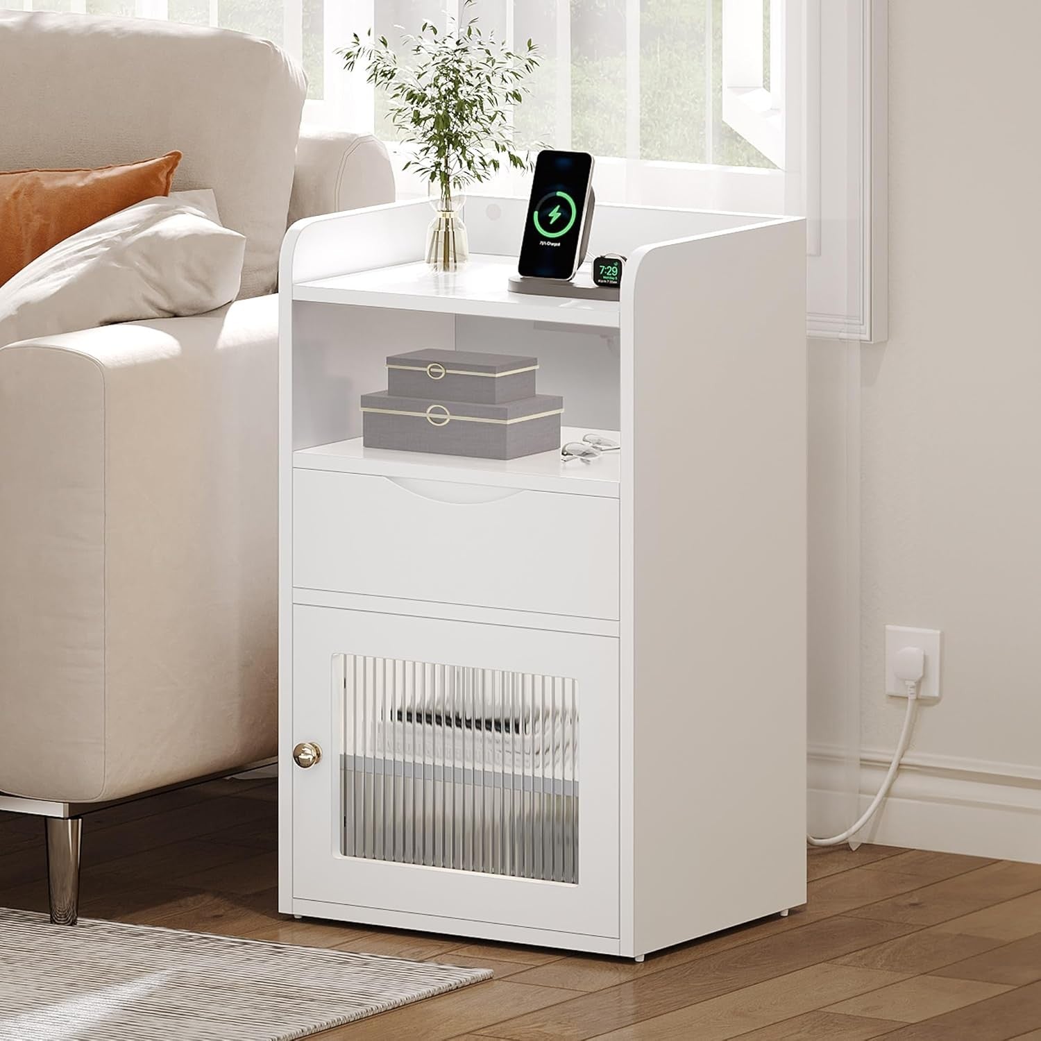 White LED Bedside Table with Charging Station, Drawer Storage & Shelf