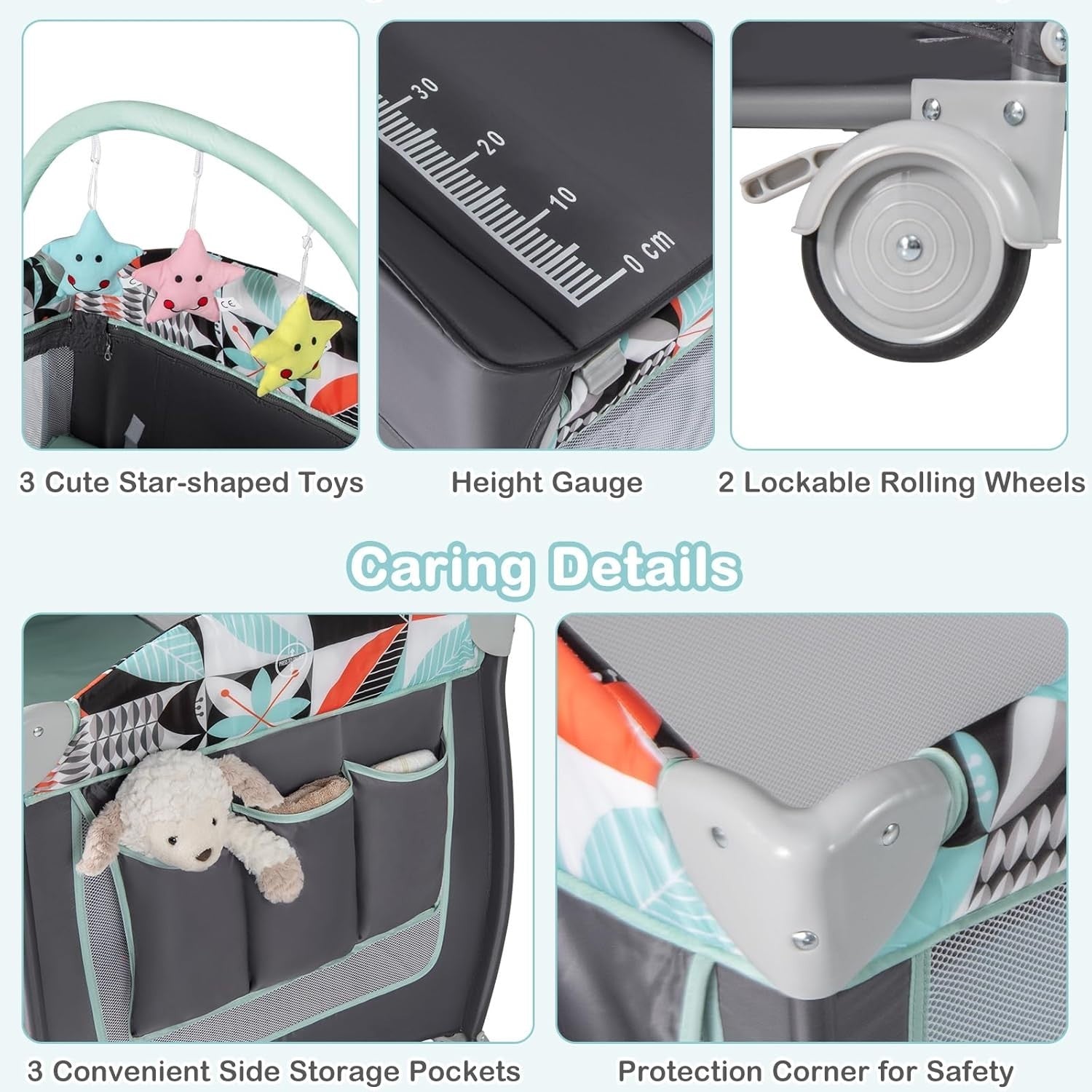 4in1 Baby Travel Cot Foldable Crib with Mattress, Changer & Storage Grey Blue