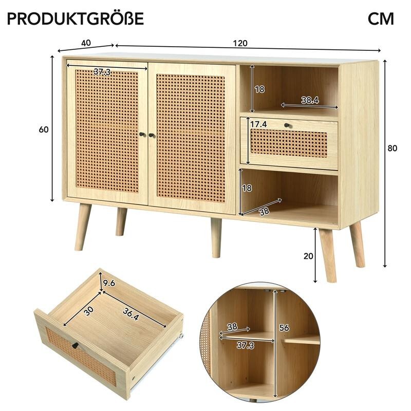 Modern Woven Rattan Sideboard Cabinet Light Wood Nordic Storage Unit