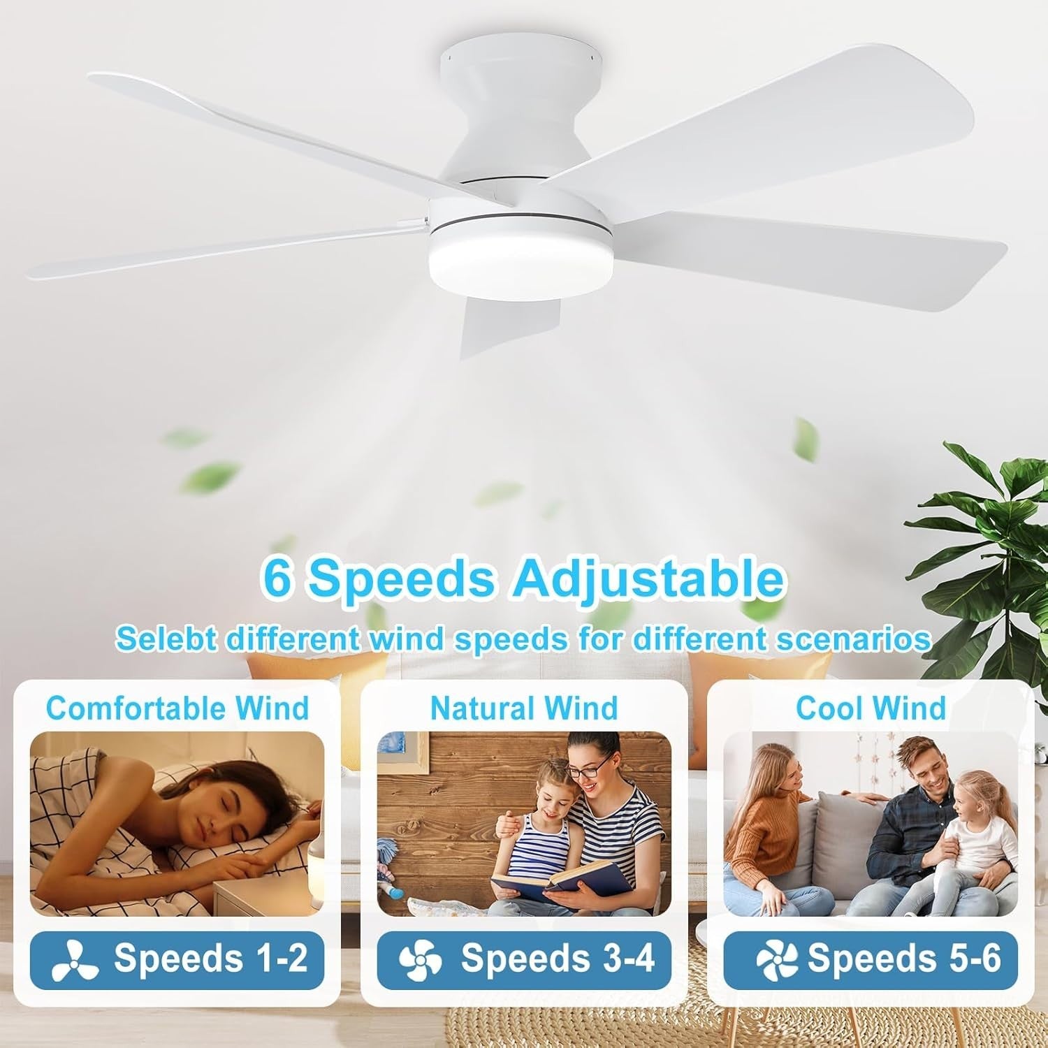 42" White Ceiling Fan, 5 Blades, 6 Speeds, LED Light, Remote