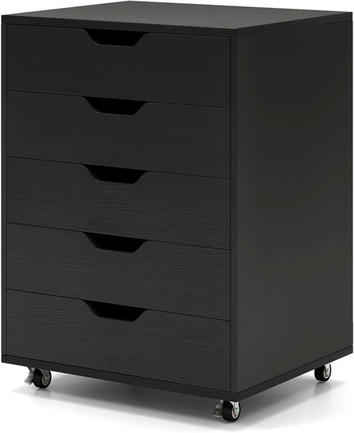 Black Mobile Filing Cabinet 5 Drawer Storage Unit with Wheels for Home Office