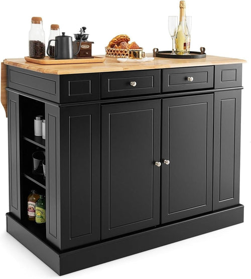 Kitchen Island Trolley Black with Drop-Leaf, Storage & Lockable Wheels