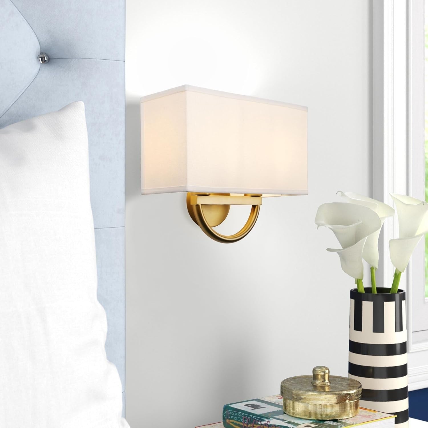 Vintage Double Wall Light Fabric Shade Antique Sconce for Bedroom & Hall