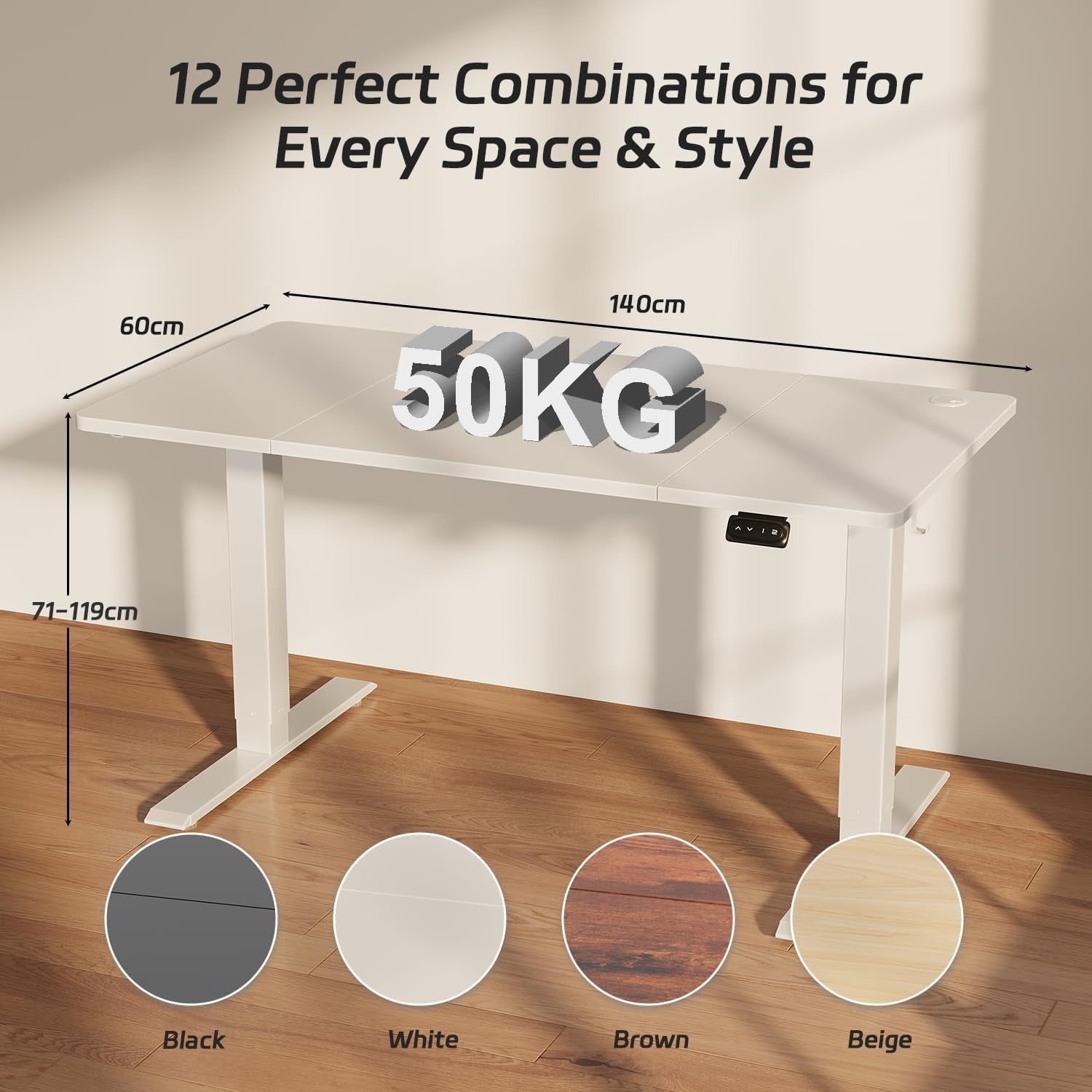 Electric Standing Desk 140x60cm Adjustable Sit Stand Table with Memory – White
