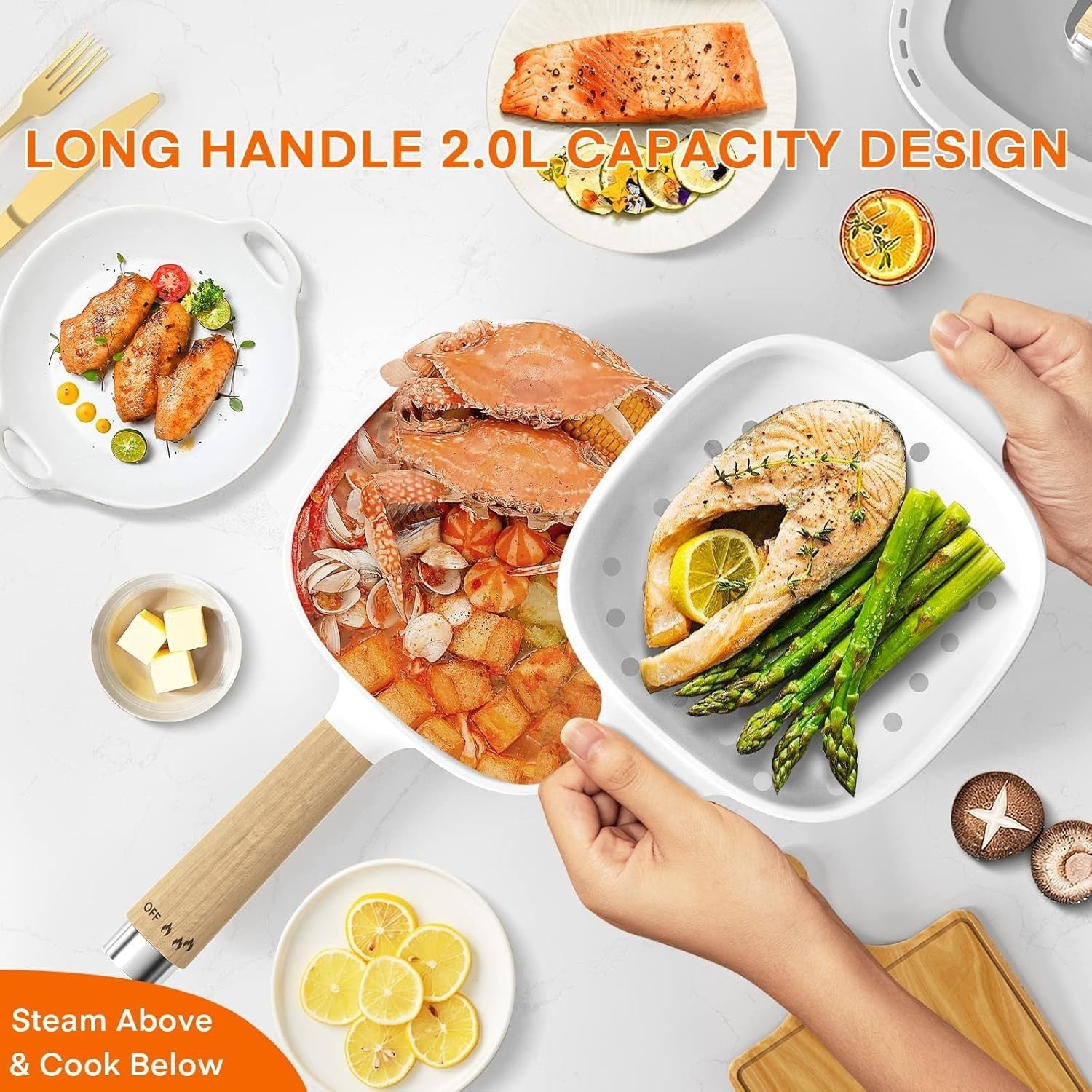 Electric Hot Pot 2L Ceramic Non-Stick Multi-Cooker with Steamer & Spatula