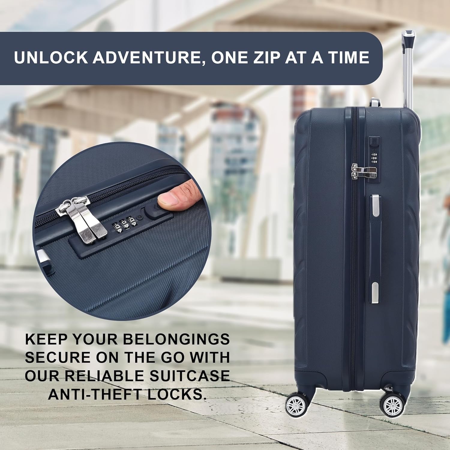 20 Inch Cabin Hard Shell Carry On Suitcase 4 Dual Spinner Wheels Lock Navy