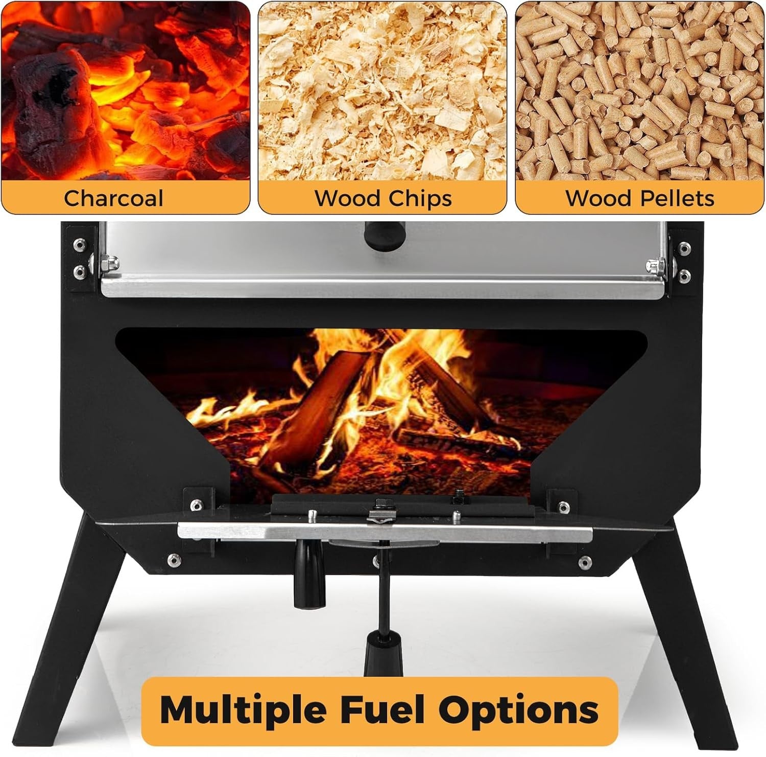 2-Tier Outdoor Wood Fired Pizza Oven BBQ Grill Cooker w Stone Steel Roof 45x61cm
