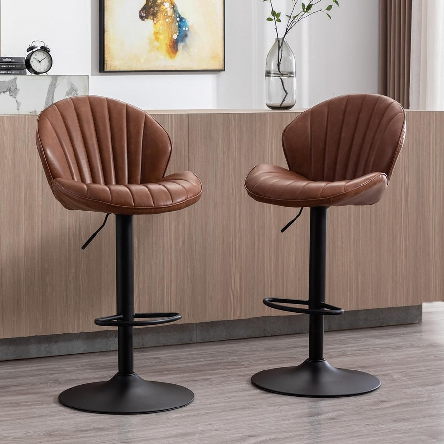 Brown PU Leather Swivel Bar Stools Set of 2 Adjustable Kitchen Counter Chairs