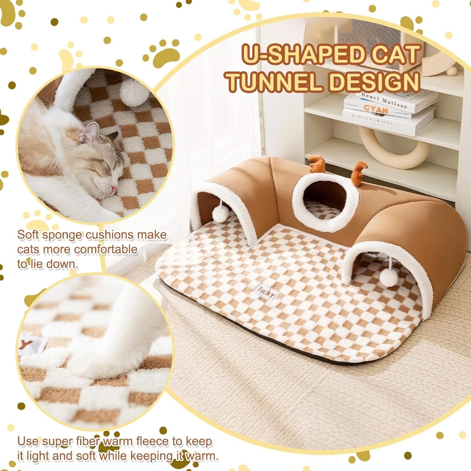 U Shape Cat Tunnel Bed 65x40cm Memory Foam Thermal Fleece Cave