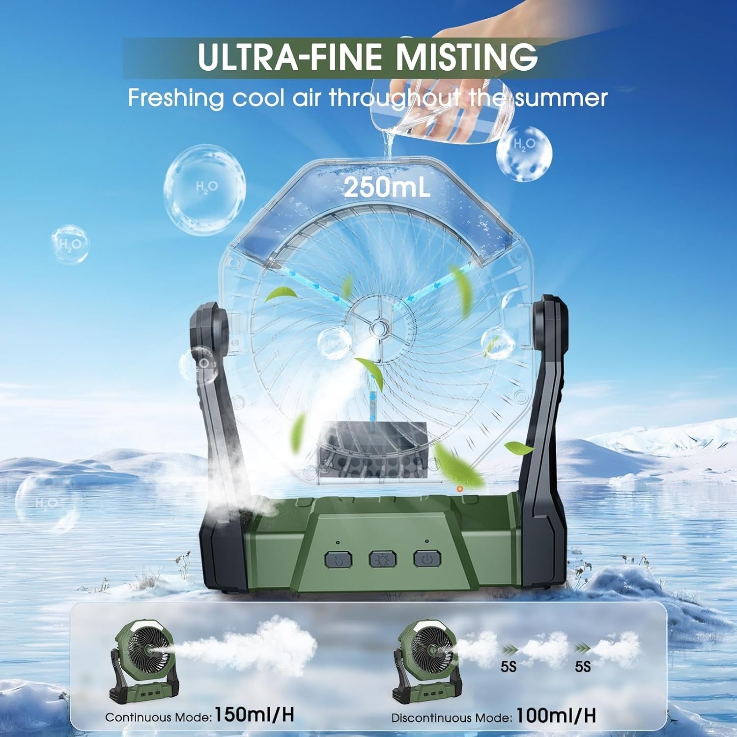 Green 8" Portable Misting Fan – 10000mAh Rechargeable Cooling Fan w/ LED Light