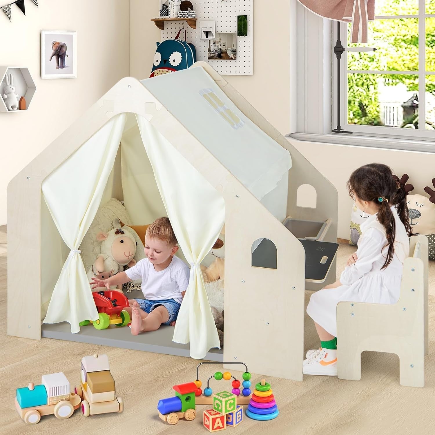 Kids Wooden Playhouse Tent with Table Chair Set Storage Bin & Blackboard